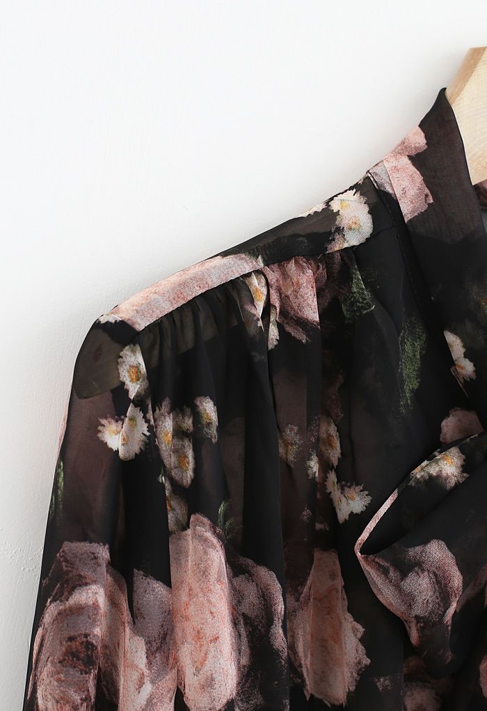 Semi-Sheer Floral Print Bow Neck Chiffon Top