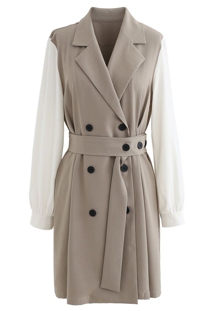 Contrast Color Double-Breasted Chiffon Trench Coat in Light Tan