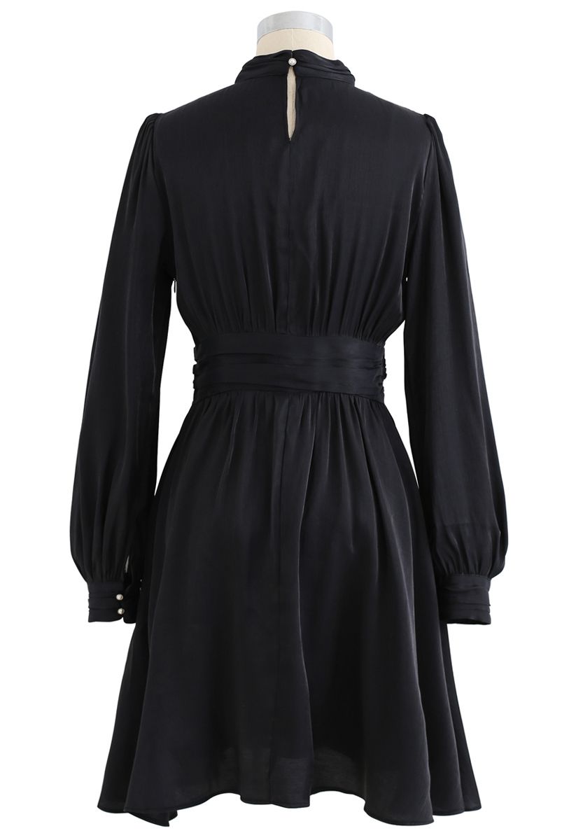 Shiny High Neck Pleated Dress in Black