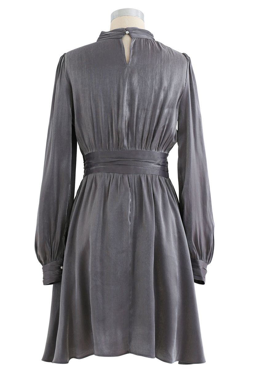 Shiny High Neck Pleated Dress in Grey