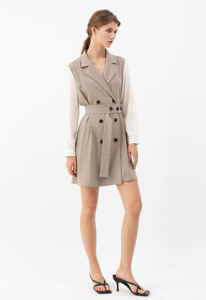 Contrast Color Double-Breasted Chiffon Trench Coat in Light Tan