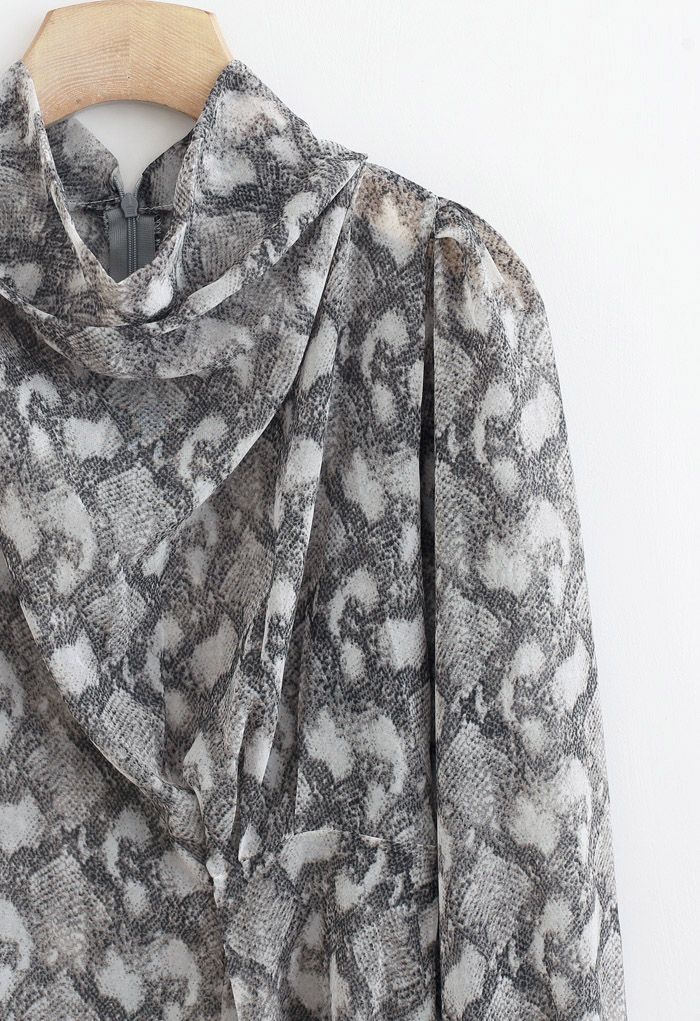 Snake Print Drape Semi-Sheer Top in Grey