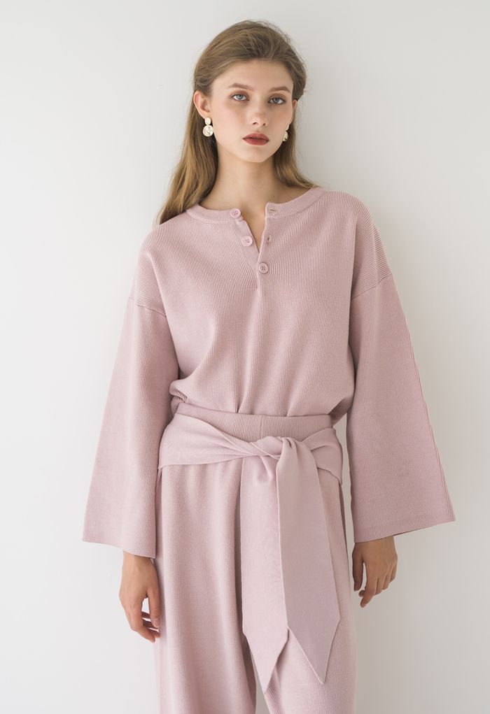 Buttoned Flare Sleeves Knit Sweater in Pink