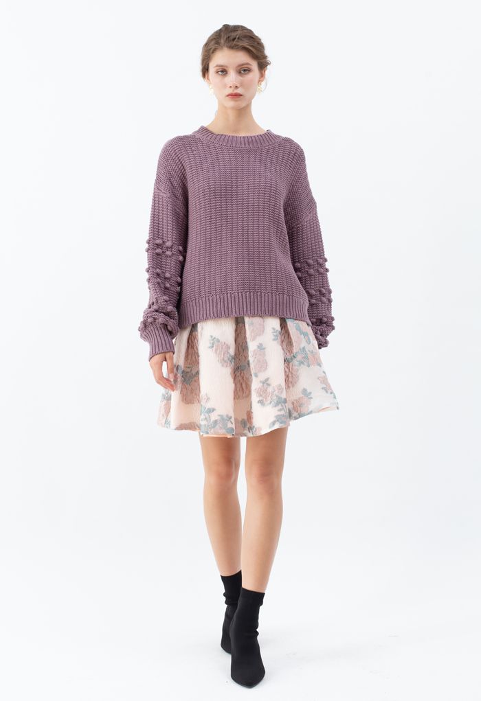 Bubble-Sleeve with Pom-Pom Detail Sweater in Purple