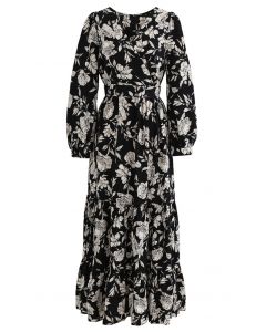 Floral Print Wrap Ruffle Maxi Dress in Black