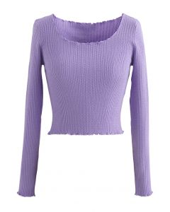 Lettuce-Hem Crop Knit Top in Purple