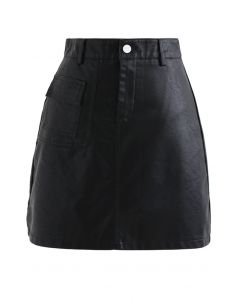 Pocket Faux Leather Texture Skirt in Black