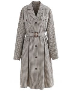 Button Down Houndstooth Belted Coat in Brown