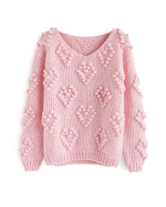 Suéter con cuello en V de punto de su amor en rosa