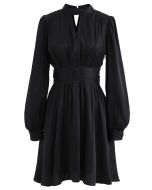 Shiny High Neck Pleated Dress in Black